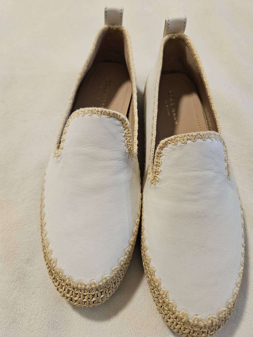 Cole Haan White Leather Slip-On Moccasins with Tan Woven Trim